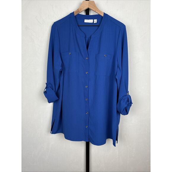 Susan Graver Button Down Blouse Women's 18W Blue Silver Buttons Stretch Roll Tab - Picture 2 of 13